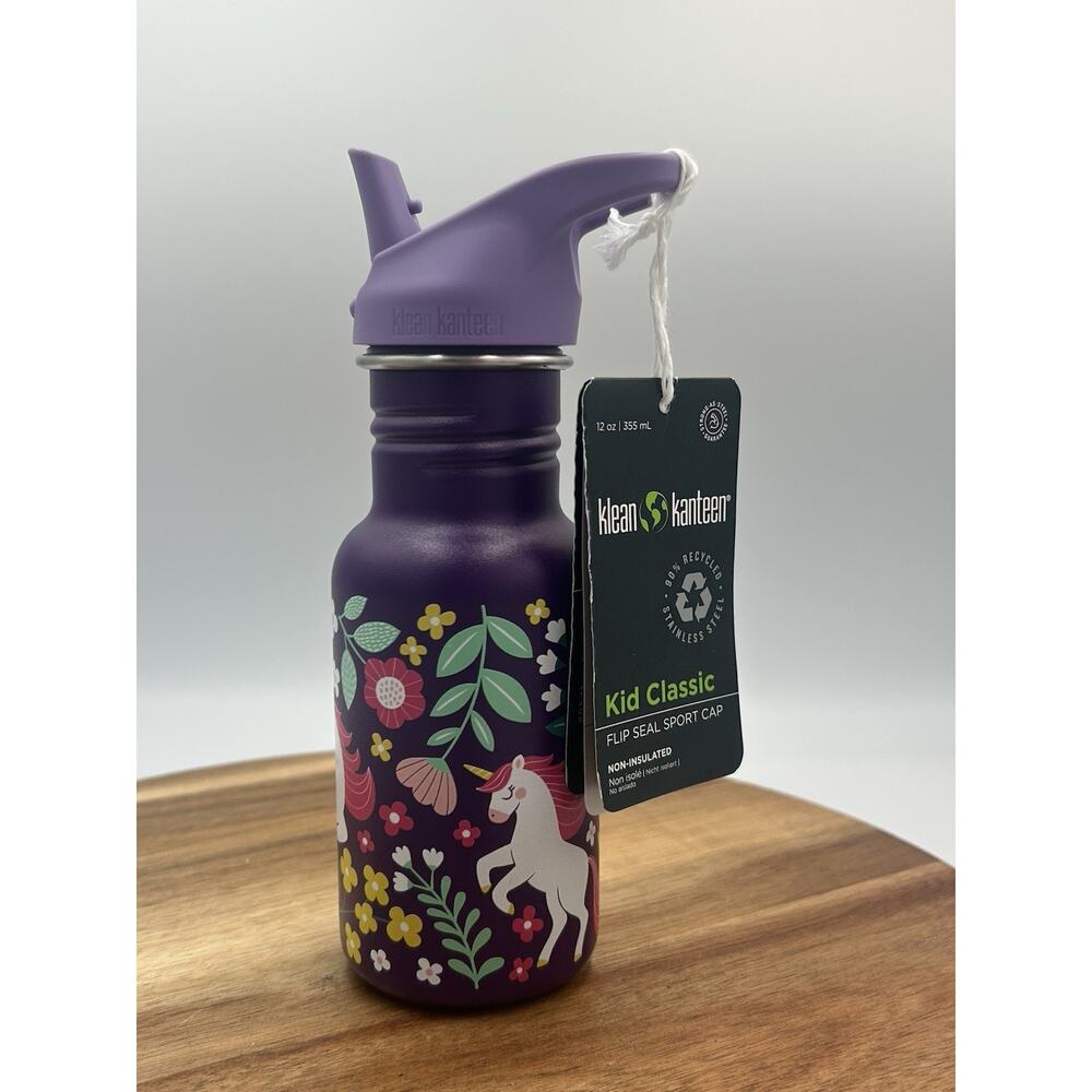 Klean Kanteen Kid Classic Water Bottle 12oz Flip Seal Straw Unicorn Purple NWT
